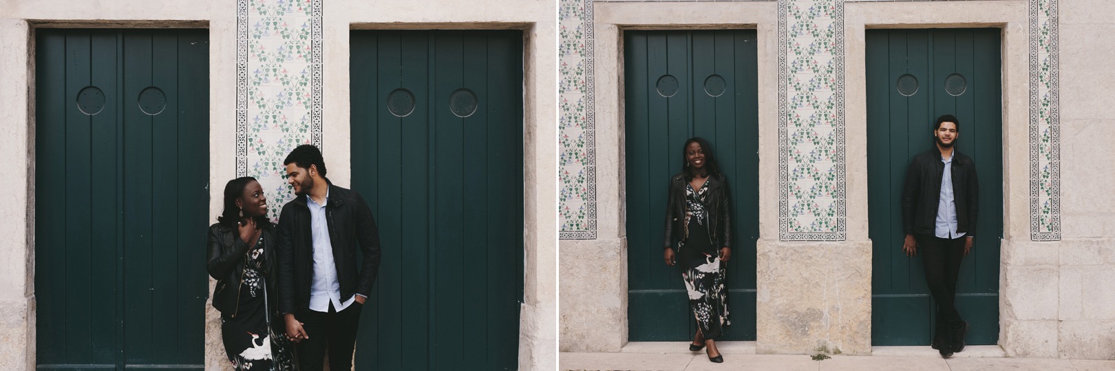 candid engagement photo shoot in front of famous Lisbon tiled walls